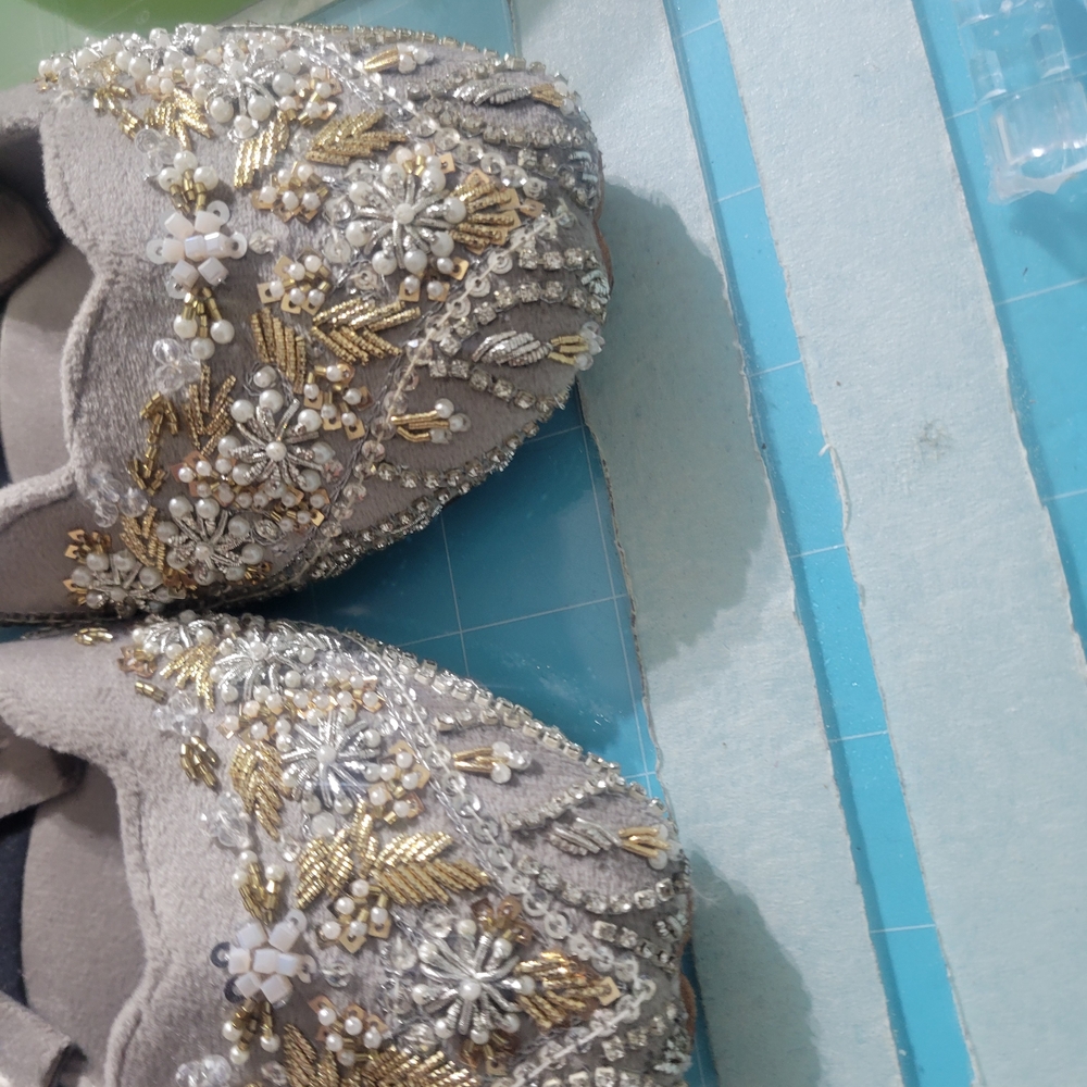 Embroidered Gray and Gold Shoes